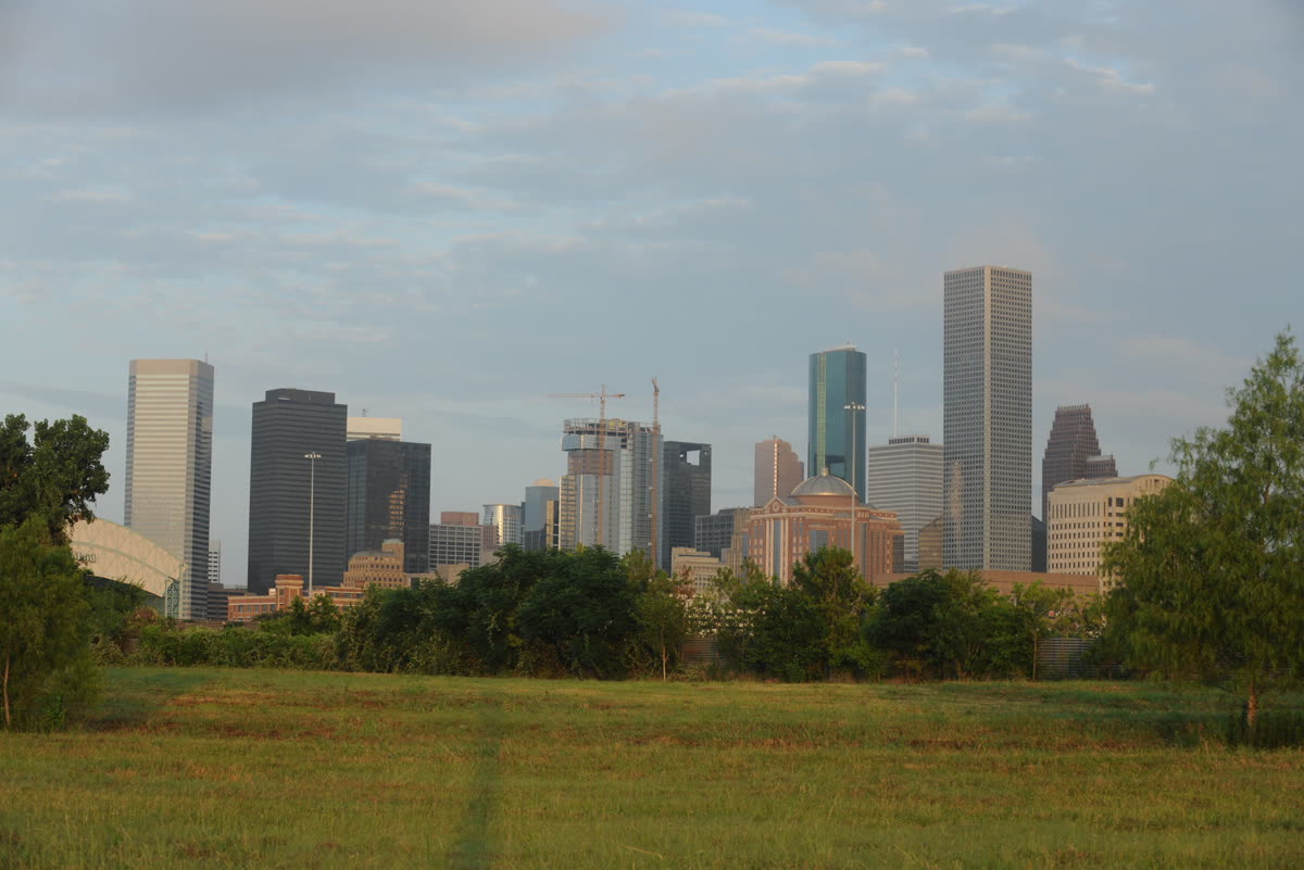 Houston downtown skyline at sunrise from Buffalo Bayou, Texas
